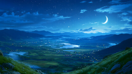 Serene night landscape. Crescent moon and stars illuminate a valley nestled in mountains, dotted with lights from a small town. Misty atmosphere adds to the magical feel.