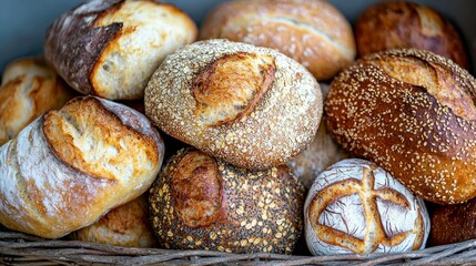 Assorted loaves of rustic, crusty bread stacked in woven basket, close-up