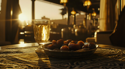 Dates and a glass of amber liquid sit on a table at sunset. The warm light illuminates the scene, creating a calm and inviting atmosphere.  A blurred background suggests an opulent setting.