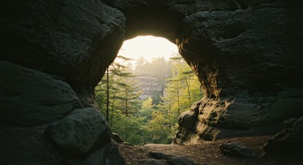 Rock Archway Framing Forest Scenery with Sunlight Peeking Through Trees