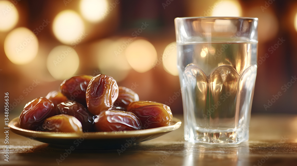 Poster a plate of dates and a glass of water are set against a bokeh background of warm lights. the scene e