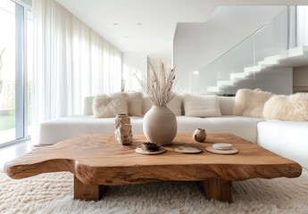 Modern living room with wooden coffee table, white sofas, natural light, minimalist decor