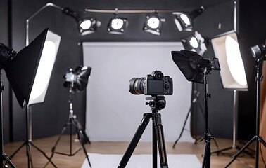 Professional Photography Studio Setup with Camera on Tripod and Softbox Lighting