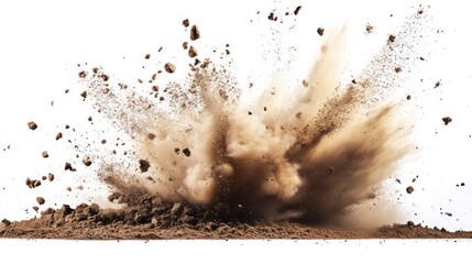 Dry soil realistic explosion side view Isolated on white background