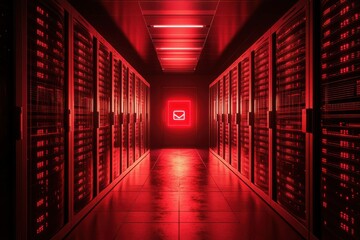 Fototapeta premium Futuristic Data Center Corridor with Red Lighting and Neon Mail Sign in a Modern Environment