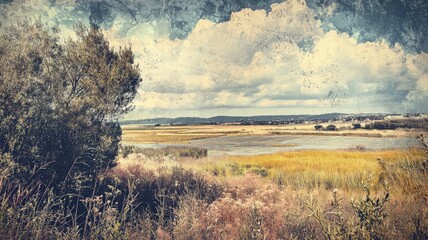 Stylized farm landscape illustrated in warm vintage colors, creating a nostalgic, cozy wallpaper aesthetic with rolling fields, rustic barns, and soft retro tones.
