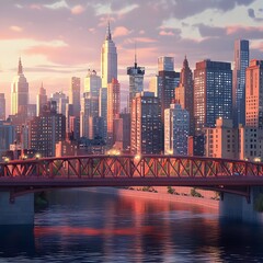 Naklejka premium A cityscape featuring many skyscrapers and a scenic red bridge