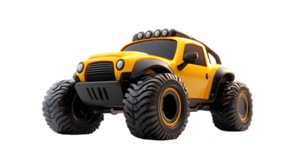 Yellow Offroad Vehicle with Black Accents and Massive Tires on Black Background