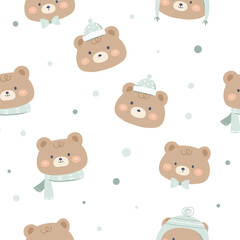 cute bear with  scarf , beanie hat , bow  seamless  pattern , vector , illustration