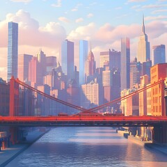 A city skyline features a bridge over tranquil water bodies