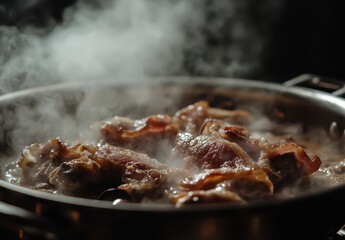 Fototapeta premium Sizzling Juicy Meat Cooking in a Pan with Steam Rising, Creating an Appetizing and Mouthwatering Scene in the Kitchen