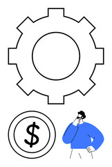 Gear and dollar sign with thinking person suggesting mechanical processes, finance, and decision-making. Ideal for business, economy, finance, strategy, innovation, problem-solving flat simple