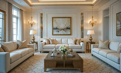 Luxurious and elegantly designed living room with classic white decor and golden accents

