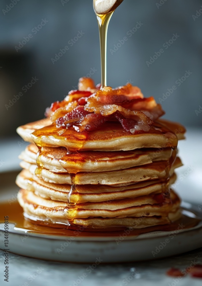 Poster stack of fluffy pancakes topped with crispy bacon and drizzled with maple syrup on a round plate in 