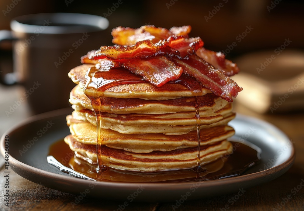 Poster stack of fluffy pancakes topped with crispy bacon drizzled with syrup on a rustic wooden table, perf