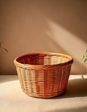 Cesta de vime pequena e vazia em fundo bege iluminado