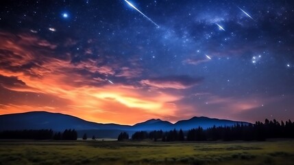 Fototapeta premium Majestic Night Sky Over Mountain Range With Shooting Stars