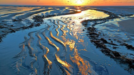 Beach landscape at sunset with tidal pools and patterned sand