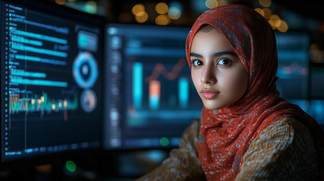 Young woman in hijab analyzes stock market data on monitors