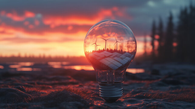 Eco-Friendly Energy: Light Bulb with a Miniature Landscape Featuring Solar Panels and Windmills for a Greener Future