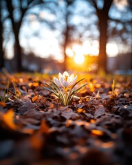 Golden Crocus Bloom Delicate White Flowers Vibrant Contrast Against Autumns Orange Foliage, Shallow Depth Of Field, And Warm Yellow Background Composition