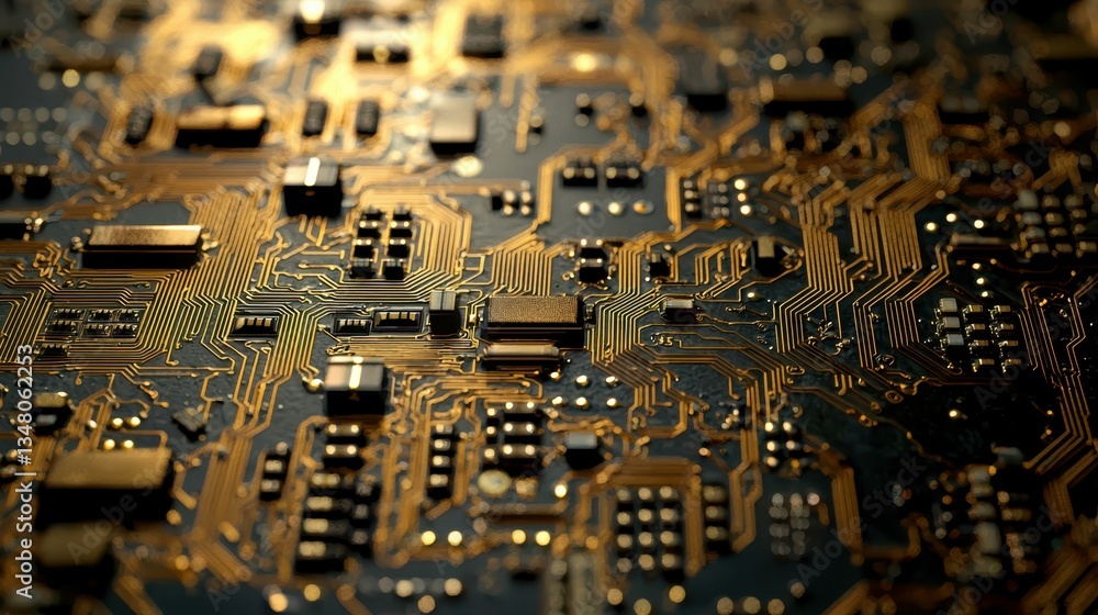 Poster close-up view of microchip with intricate circuit designs