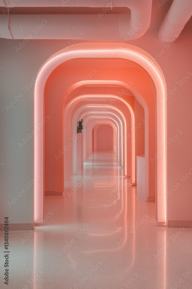Poster soft minimalist corridor ethereal peach-toned architectural perspective showcasing geometric design 
