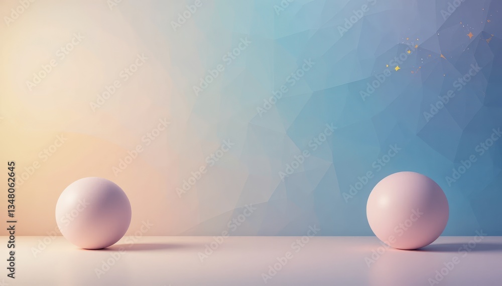 Poster balancing act of two white spheres minimalistic studio setting digital artwork soft gradient backgro
