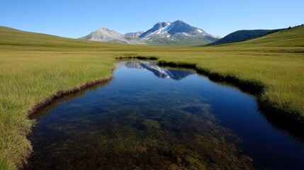 Obraz premium Serene mountain valley reflecting peaks in a tranquil stream. A picturesque meadow with a clear, still stream mirroring the majestic, snow-capped mountains in a tranquil, bright day