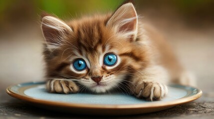 Cute Kitten with Big Blue Eyes on Plate