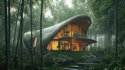 Contemporary Eco-Friendly Bamboo House in Lush Green Forest Setting