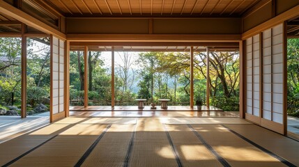 Obraz premium Contemporary Ryokan Style Home with Sliding Doors and Nature View