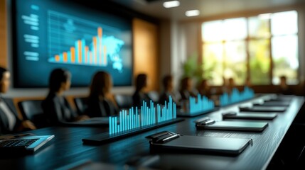 Boardroom with data projections & team. Sunny view