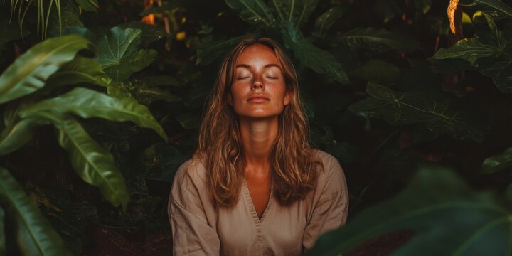 Eco-Wellness Revolution Serene Millennial Meditation in Lush Green Sanctuary - Mindful Lifestyle for Digital Wellness Platforms and Sustainable Self-Care Narratives