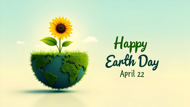 Happy Earth Day April 22 – Sustainable Environment Concept with a Sunflower Growing on a Green Moss-Covered Earth for Eco-Friendly Awareness