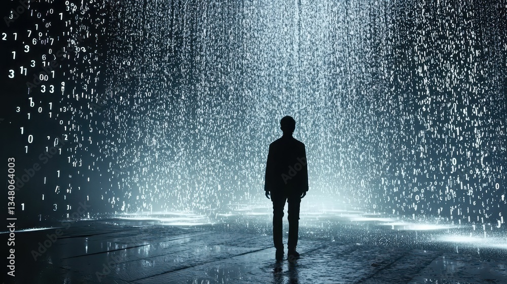 Poster digital rain effect with cascading numbers in a dark environment