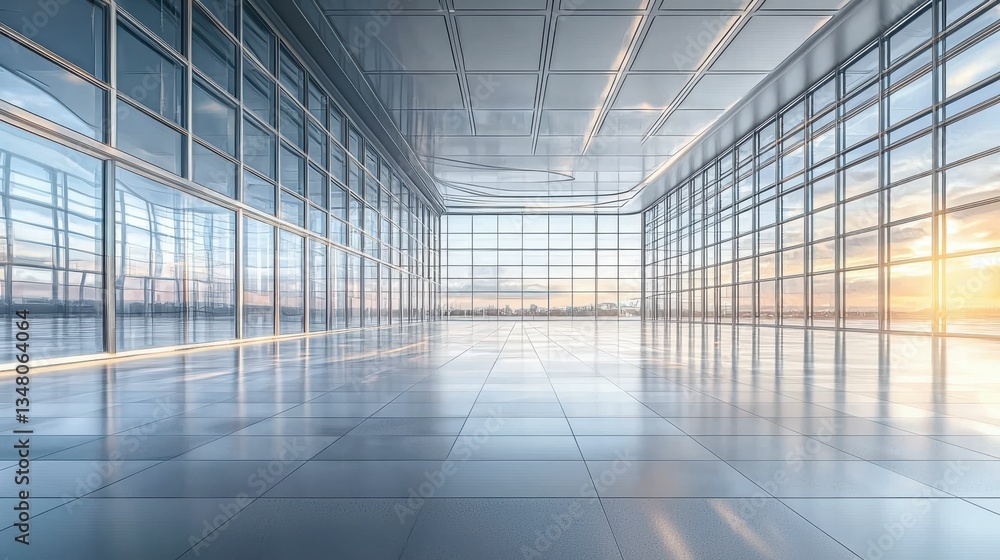 Poster futuristic empty space with endless glass windows and soft lighting