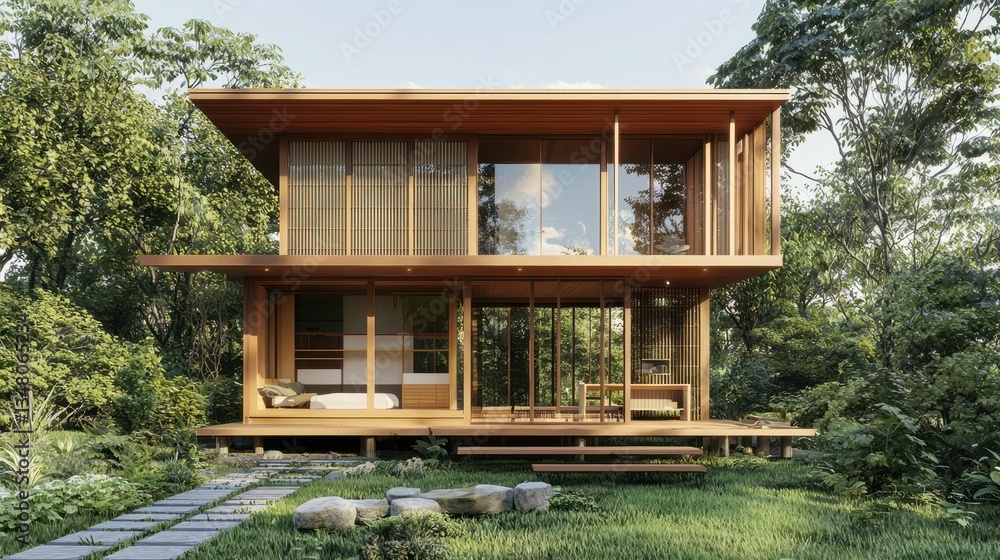 Poster fusion of modern and traditional architecture in serene nature setting