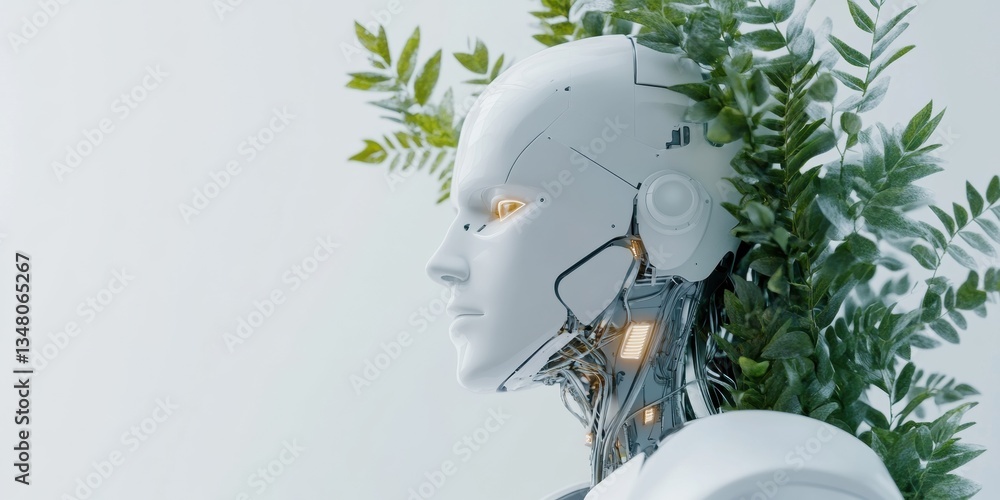 Poster ethereal ai convergence minimalist humanoid robot with organic botanical elements, exploring symbiot