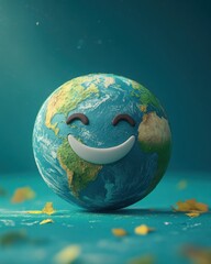 Fototapeta premium Happy Earth with a Smile on a Vibrant Background Symbolizing Environmental Awareness and Global Unity, Celebrating a Better Tomorrow for All Humanity