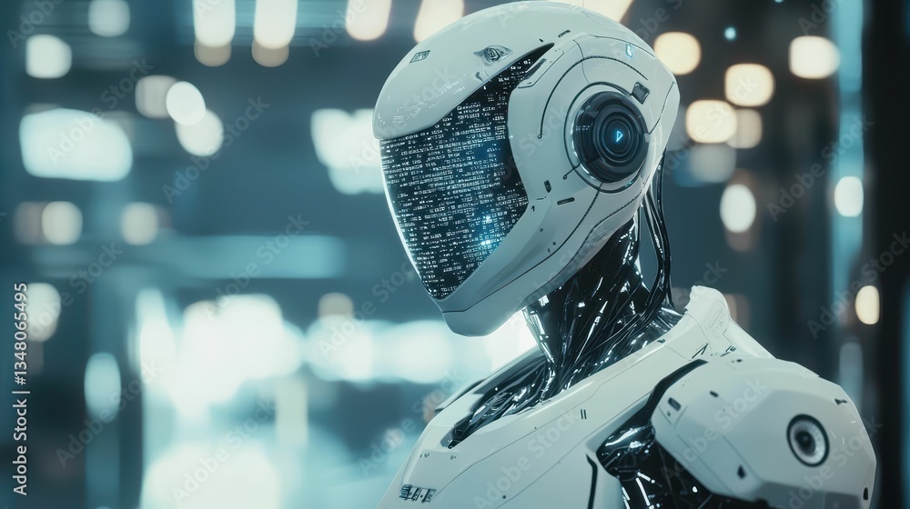 Poster futuristic ai robot scanning data in advanced processing environment