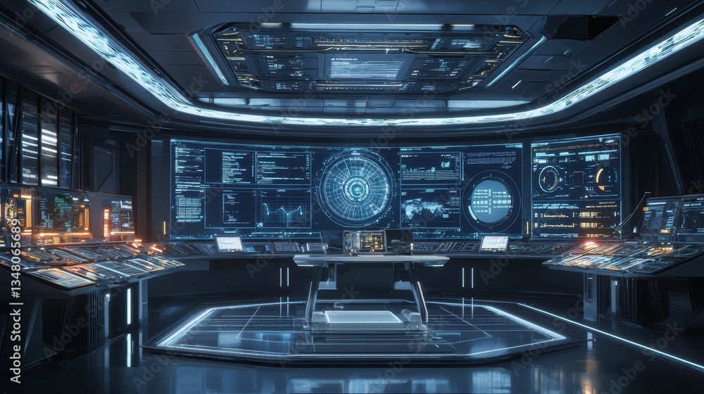 Poster futuristic control center with holographic interfaces and displays