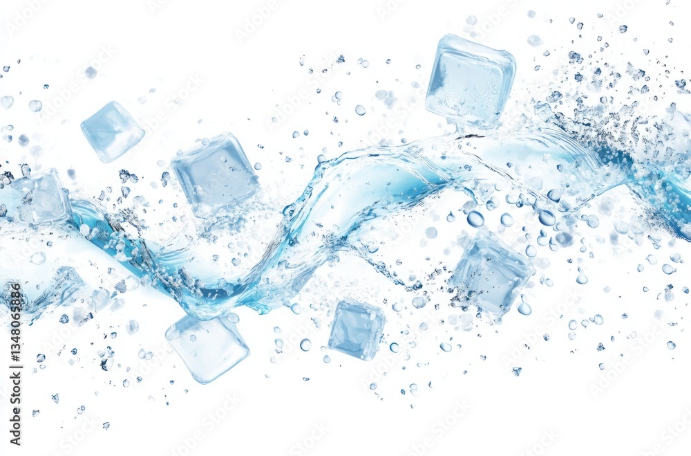 Aufkleber refreshing splash of clear water with ice cubes flowing gracefully in motion, creating a vibrant and