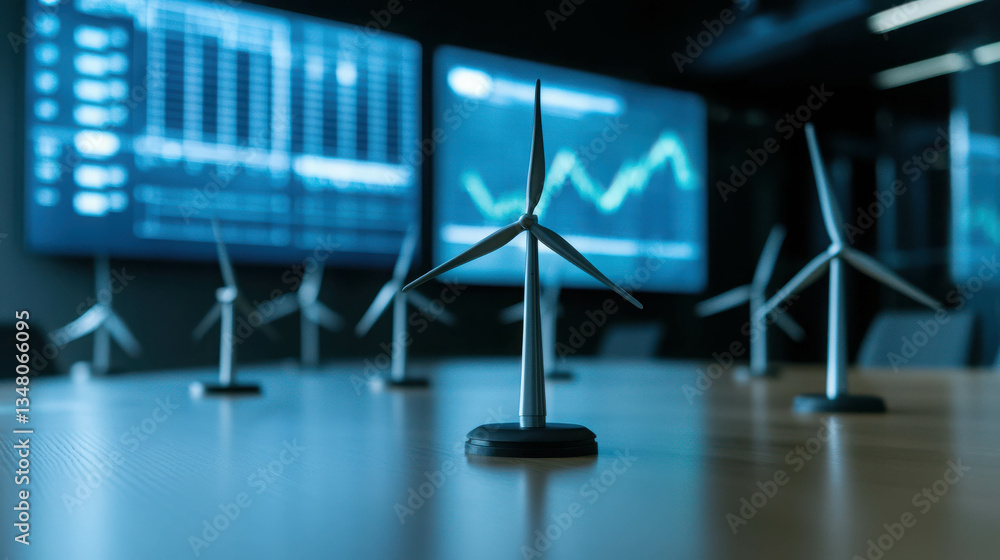 Poster miniature wind turbines on table in modern office with digital analytics screens in background