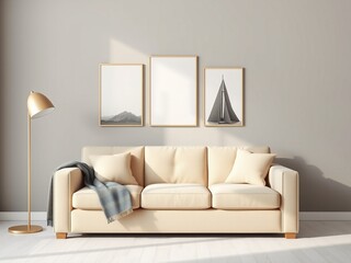 Modern Wall Posters on Beige Sofa Mockup