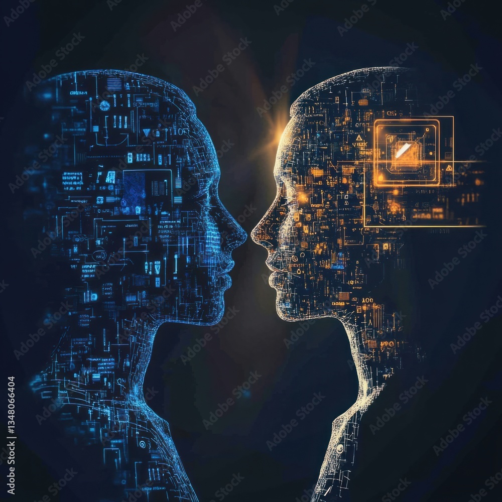 Aufkleber human connection in the digital age: abstract representation of two faces merging with technology, s