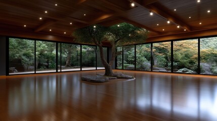 Modern Zen Interior with Garden Views.  Large, open-plan space with polished wood floors, dramatic glass walls showcasing a serene garden with a mature tree at the center.  Warm, inviting ambiance