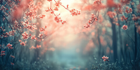 Dreamlike forest scene with delicate pink blossoms.