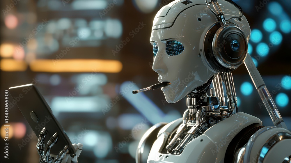 Poster futuristic robot assistant engaging in human-like interaction