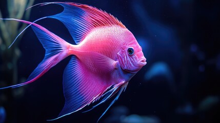 Pink Angelfish Swimming in a Dark Blue Aquarium